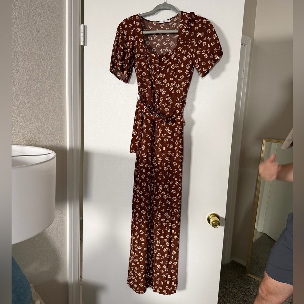 Mango Brown Floral Maxi Dress with Cream Print and Waist Tie